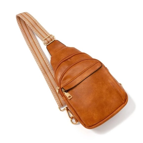 Handbags - Brown Vegan Faux Leather Guitar Strap Crossbody Sling Bag
